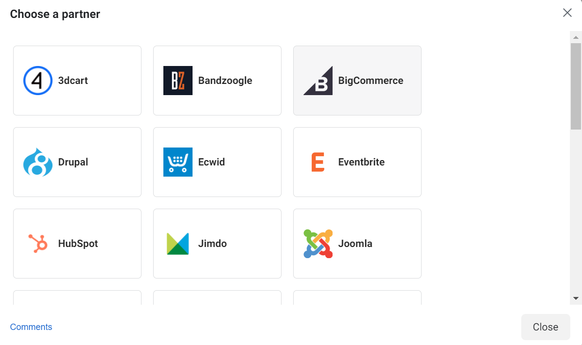 Facebook will show a list of partners; remember to choose BigCommerce