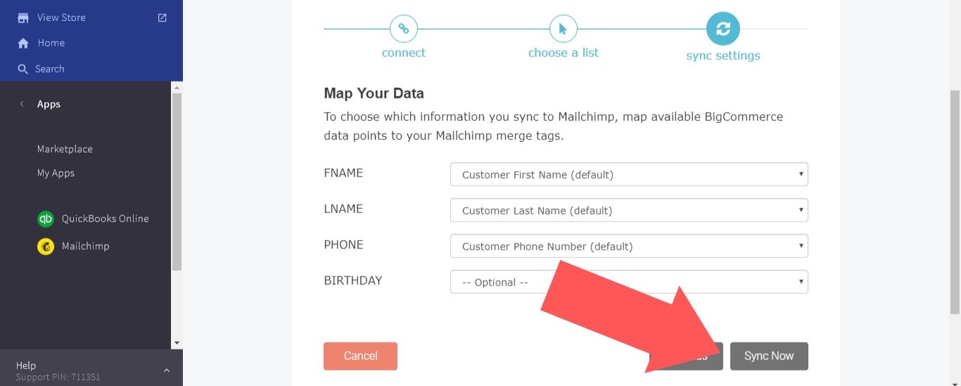 Select Sync Now after mapping the available BigCommerce data points to your Mailchimp merge tags.