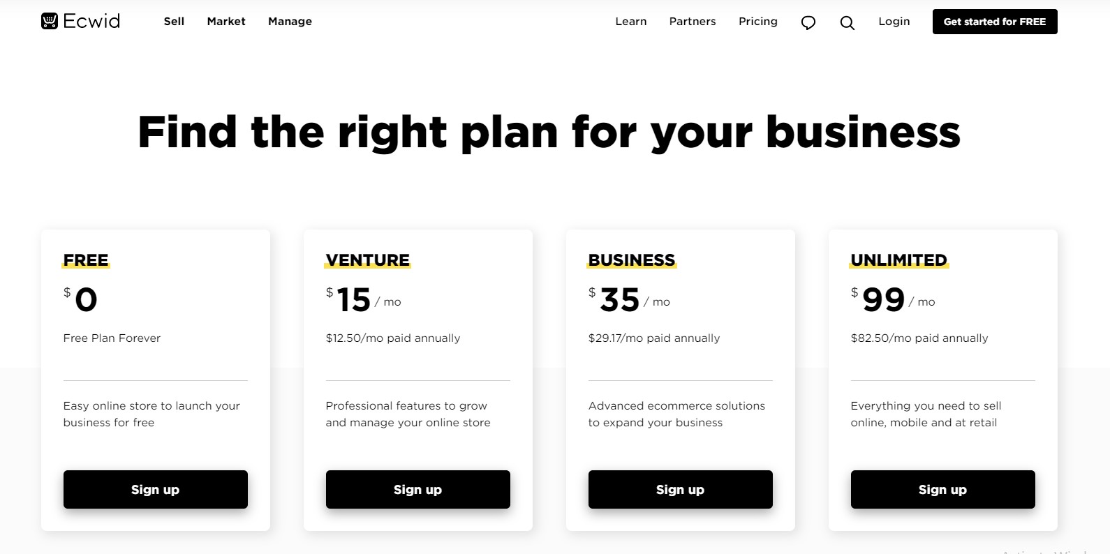 Ecwid's pricing plans