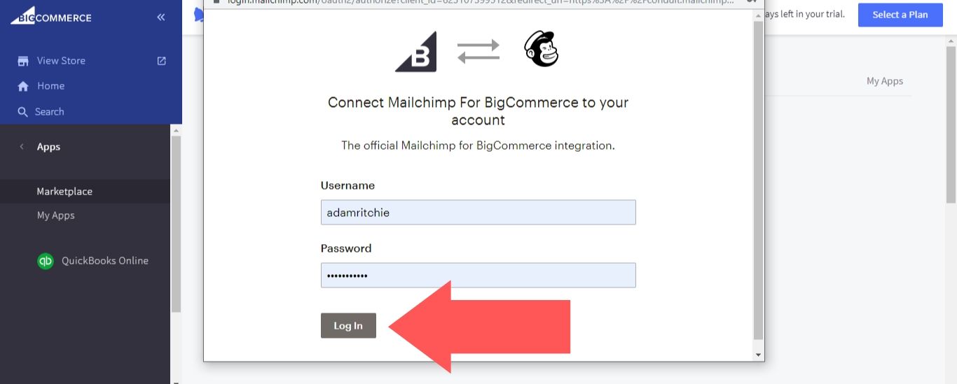 Sign in with your Mailchimp login credentials in the pop-up window.