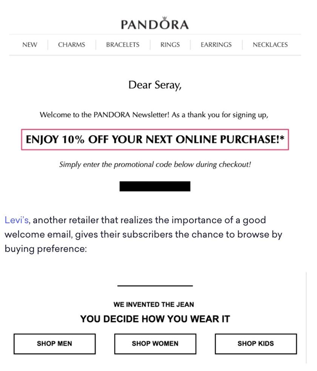 Email with discount code attachment from Pandora