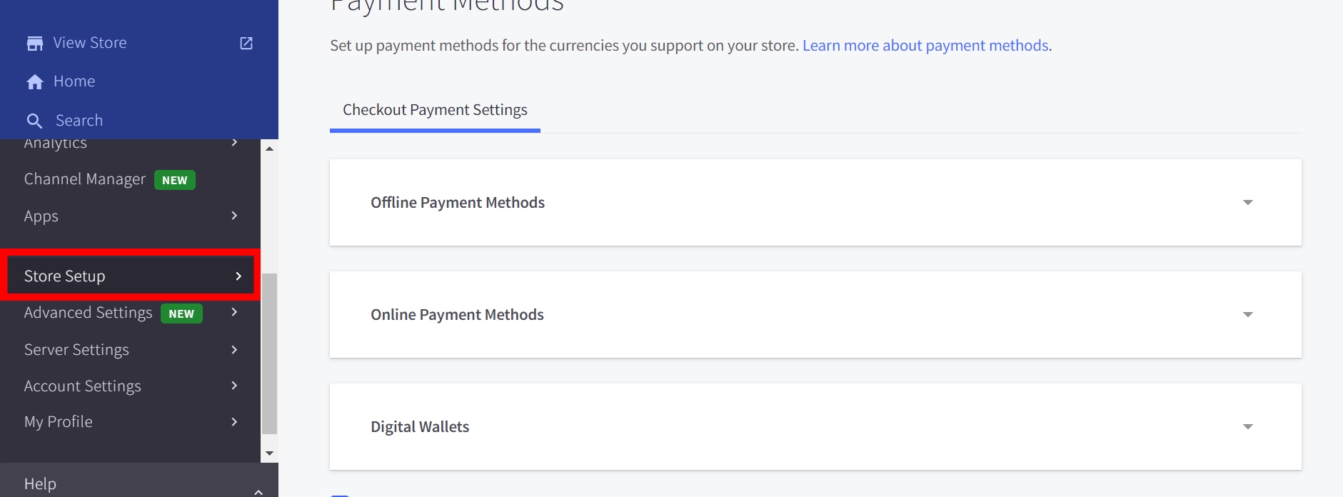 In the BigCommerce dashboard on the left of your screen, scroll down and click on ‘Store Setup’