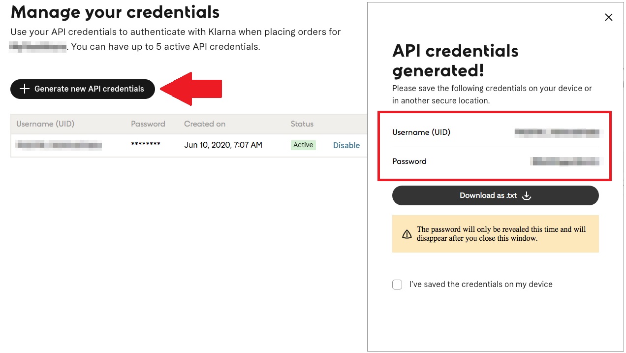 Klarna generating new API credentials