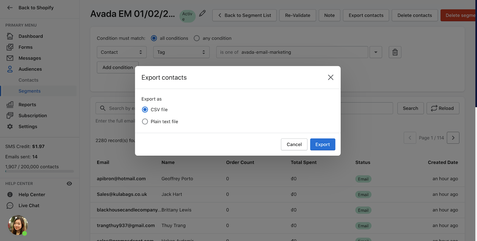 Delete/Export contacts of Segments